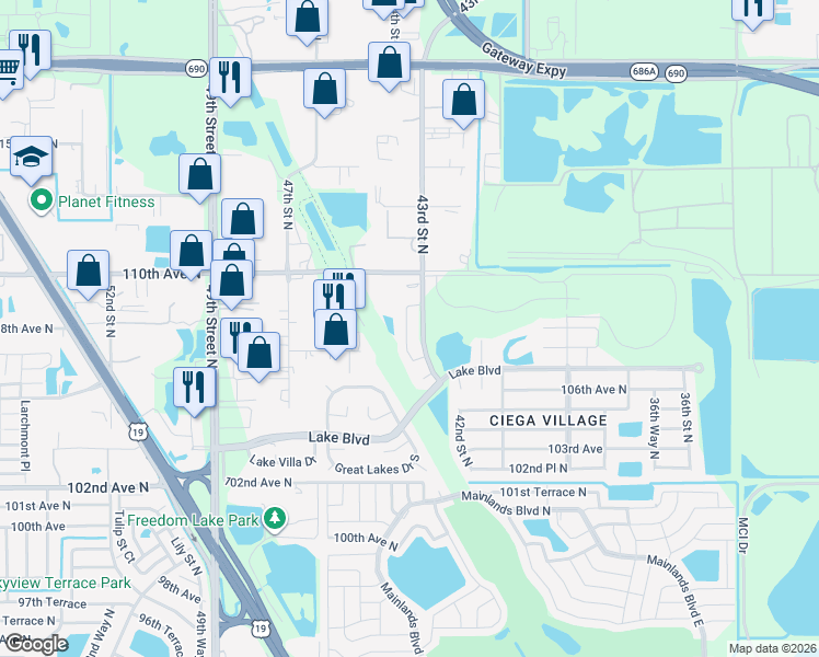 map of restaurants, bars, coffee shops, grocery stores, and more near 10780 43rd Street North in Clearwater
