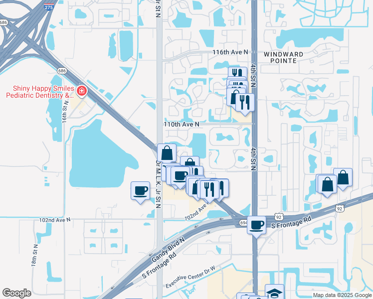 map of restaurants, bars, coffee shops, grocery stores, and more near 10755 Village Club Circle in St. Petersburg