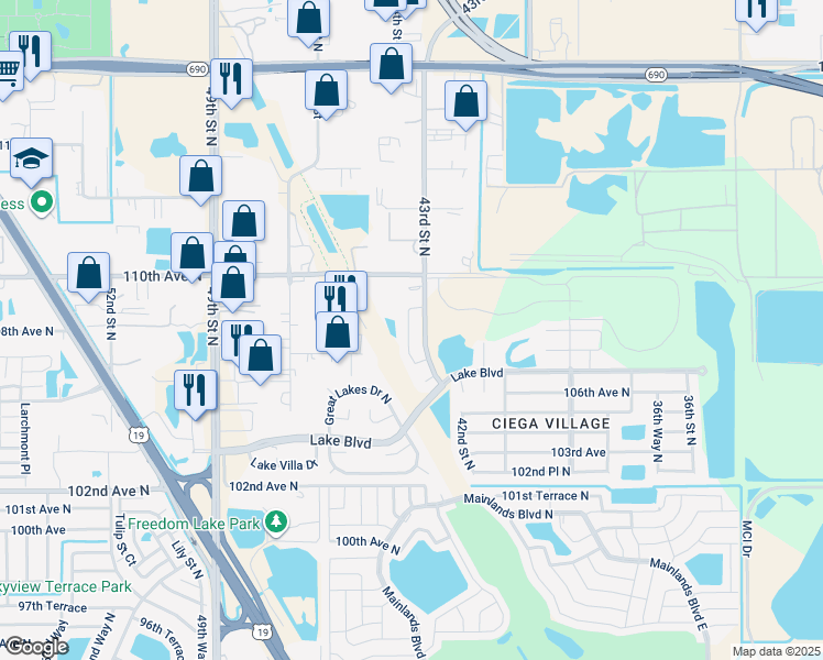 map of restaurants, bars, coffee shops, grocery stores, and more near 10780 43rd Street North in Clearwater