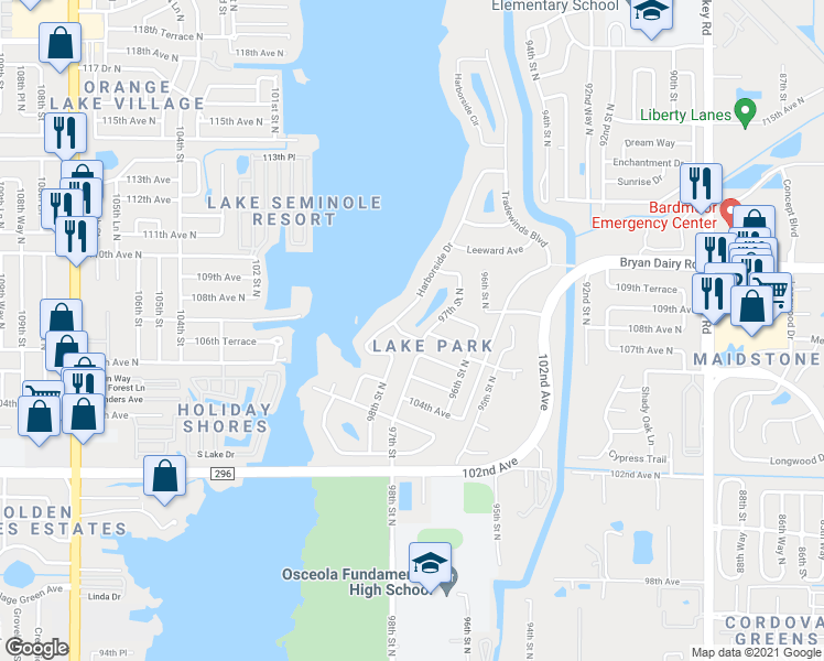 map of restaurants, bars, coffee shops, grocery stores, and more near 9778 106th Avenue North in Largo