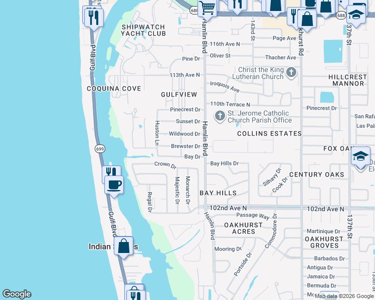 map of restaurants, bars, coffee shops, grocery stores, and more near 14708 Brewster Drive in Largo