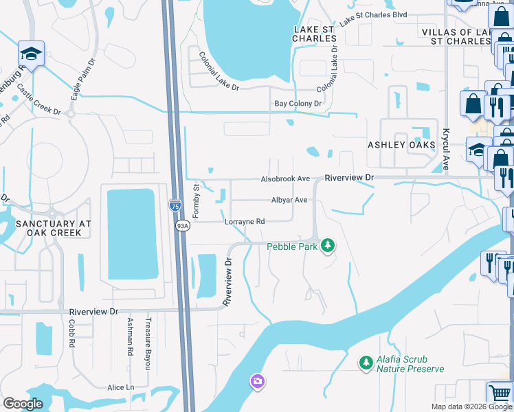 map of restaurants, bars, coffee shops, grocery stores, and more near 9919 Albyar Avenue in Riverview