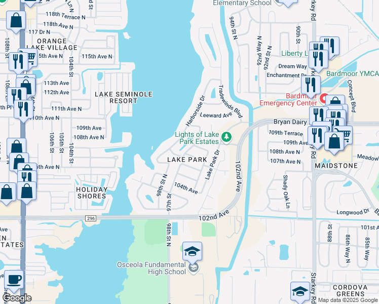 map of restaurants, bars, coffee shops, grocery stores, and more near 10753 97th Street in Largo