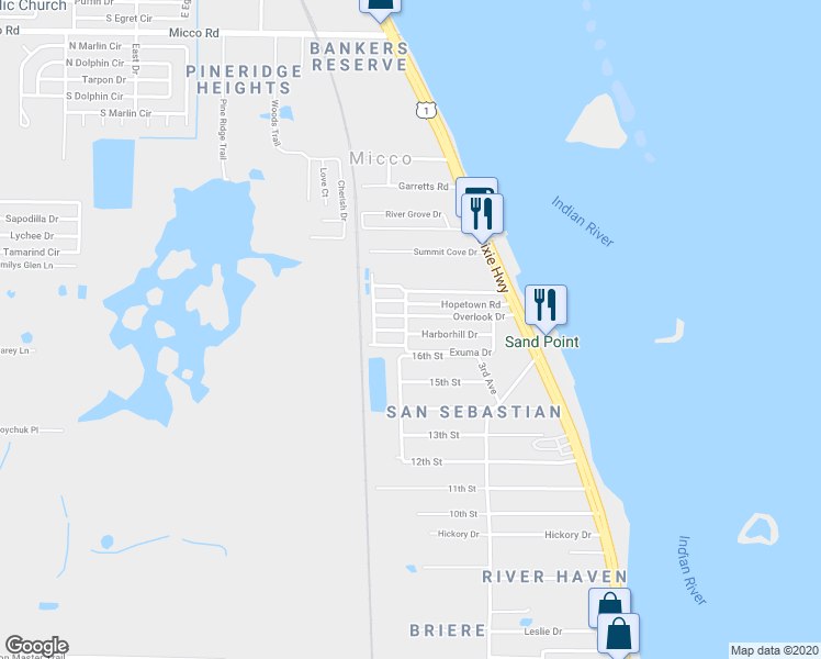 map of restaurants, bars, coffee shops, grocery stores, and more near 103 Harborhill Drive in Micco