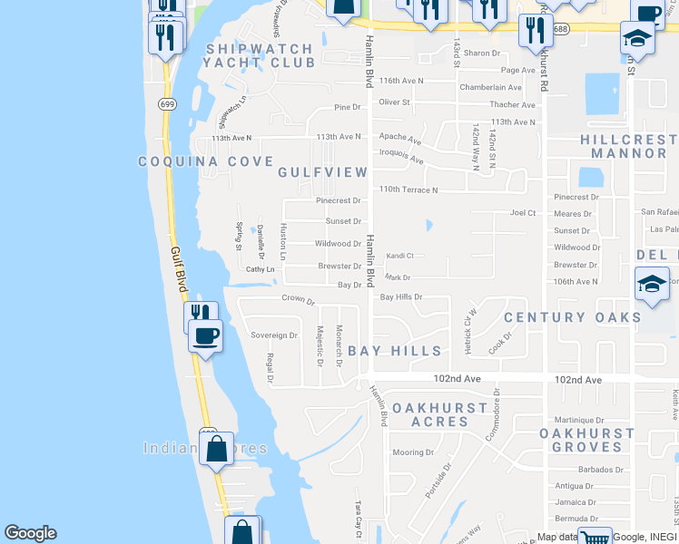 map of restaurants, bars, coffee shops, grocery stores, and more near 14708 Brewster Drive in Largo