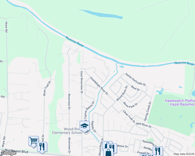 map of restaurants, bars, coffee shops, grocery stores, and more near 15322 Guadalupe River Drive in Corpus Christi