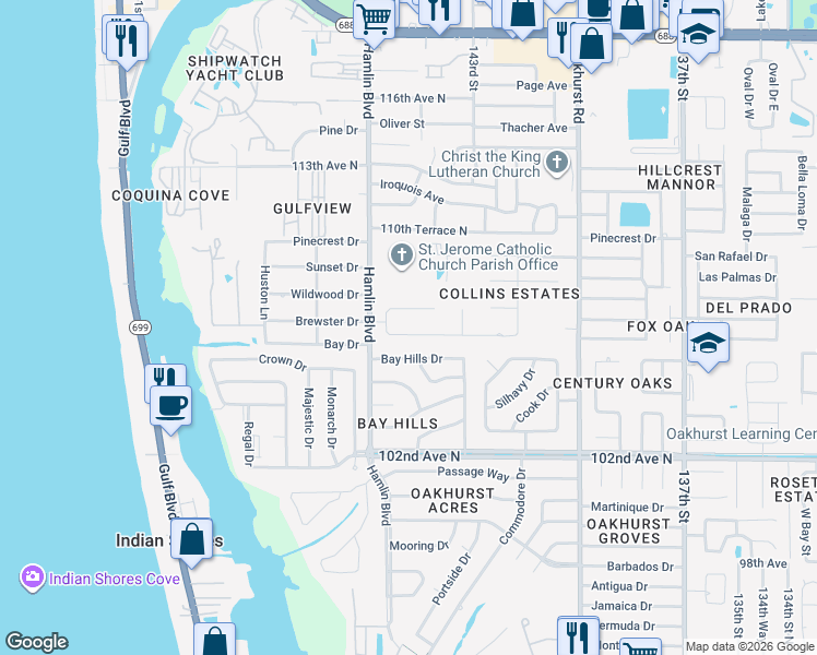 map of restaurants, bars, coffee shops, grocery stores, and more near 14491 Mark Drive in Largo