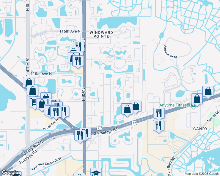 map of restaurants, bars, coffee shops, grocery stores, and more near 10739 Bay Street Northeast in St. Petersburg
