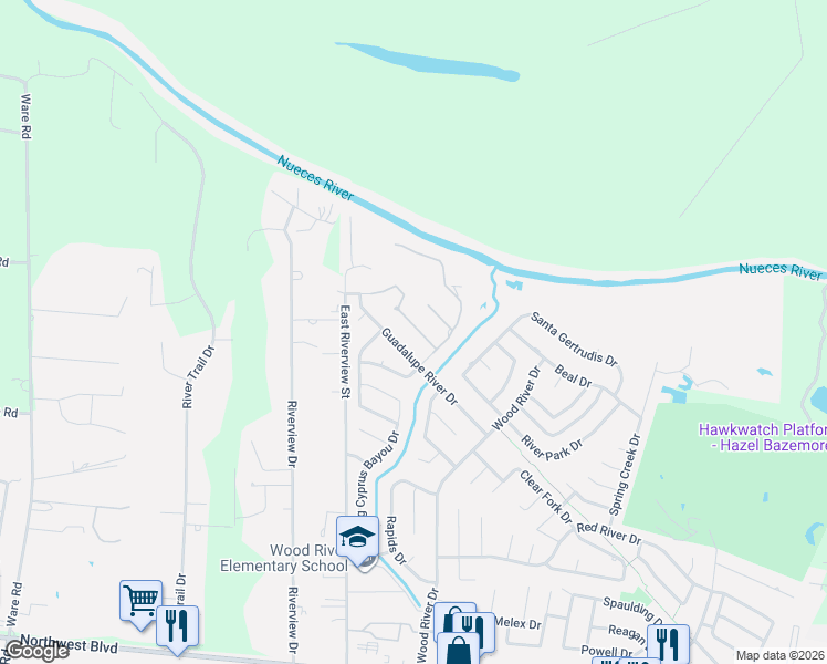 map of restaurants, bars, coffee shops, grocery stores, and more near 15322 Guadalupe River Drive in Corpus Christi