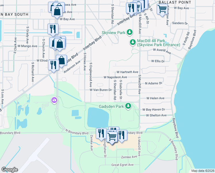 map of restaurants, bars, coffee shops, grocery stores, and more near 6726 South Dauphin Avenue in Tampa