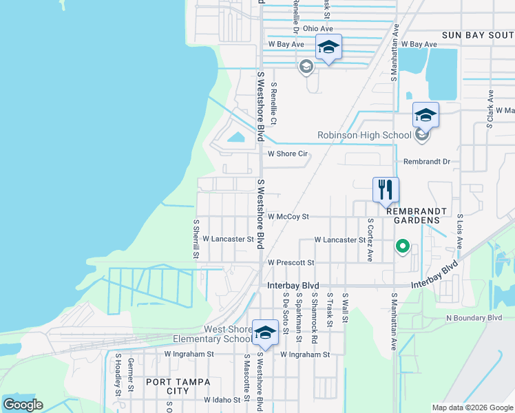 map of restaurants, bars, coffee shops, grocery stores, and more near 6621 South West Shore Boulevard in Tampa
