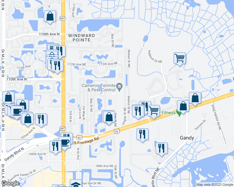 map of restaurants, bars, coffee shops, grocery stores, and more near 10821 Oak Street Northeast in St. Petersburg