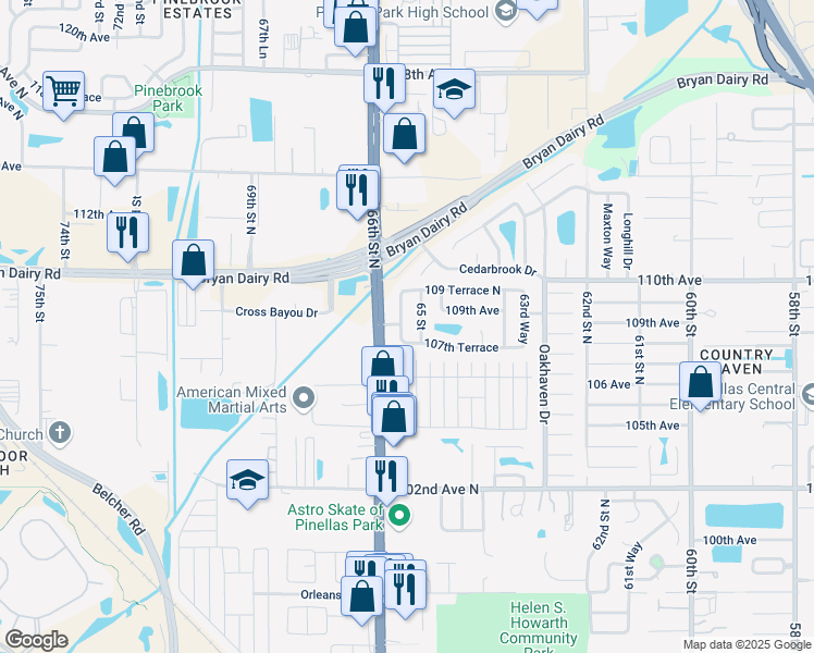 map of restaurants, bars, coffee shops, grocery stores, and more near 6519 107th Terrace in Pinellas Park