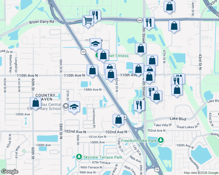 map of restaurants, bars, coffee shops, grocery stores, and more near 10815 U.S. 19 Frontage Road in Clearwater