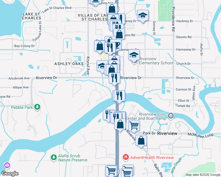 map of restaurants, bars, coffee shops, grocery stores, and more near 10531 Moody Road in Riverview