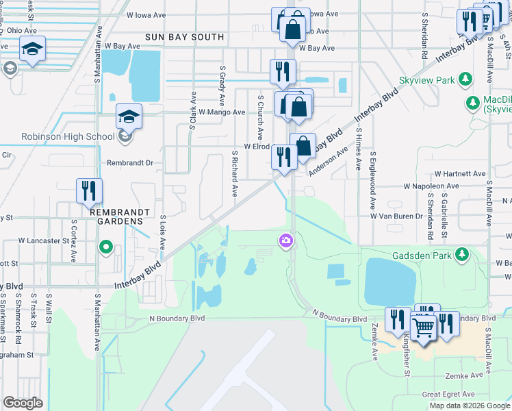 map of restaurants, bars, coffee shops, grocery stores, and more near 6910 Interbay Boulevard in Tampa