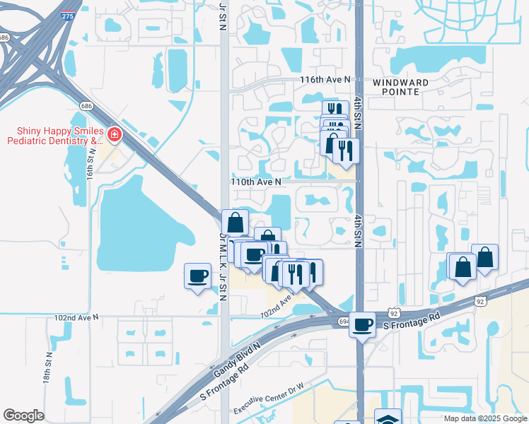 map of restaurants, bars, coffee shops, grocery stores, and more near 10755 Village Club Circle in St. Petersburg