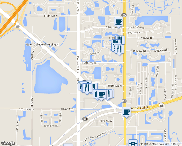 map of restaurants, bars, coffee shops, grocery stores, and more near 875 South Village Drive in St. Petersburg