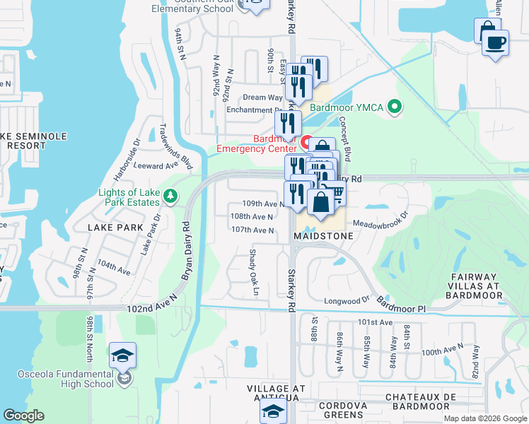 map of restaurants, bars, coffee shops, grocery stores, and more near 9028 108th Avenue North in Seminole