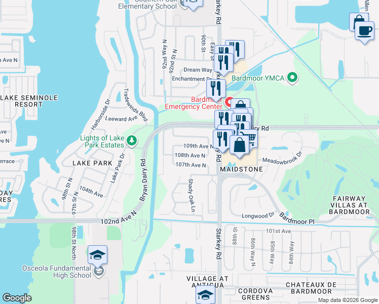 map of restaurants, bars, coffee shops, grocery stores, and more near 9132 108th Avenue North in Seminole