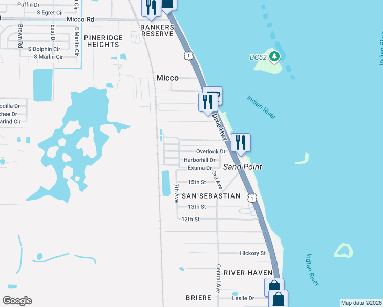 map of restaurants, bars, coffee shops, grocery stores, and more near 111 Harborhill Drive in Micco