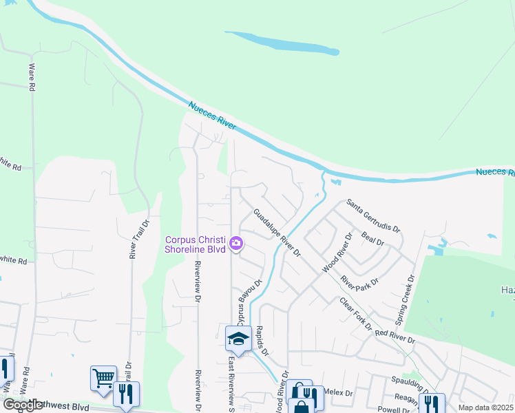 map of restaurants, bars, coffee shops, grocery stores, and more near 15322 Guadalupe River Drive in Corpus Christi