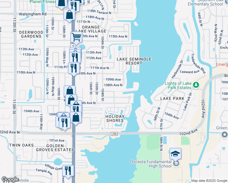 map of restaurants, bars, coffee shops, grocery stores, and more near 12293 103rd Street in Largo