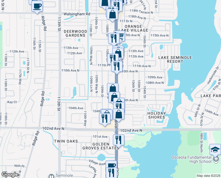 map of restaurants, bars, coffee shops, grocery stores, and more near 10659 108th Street North in Largo