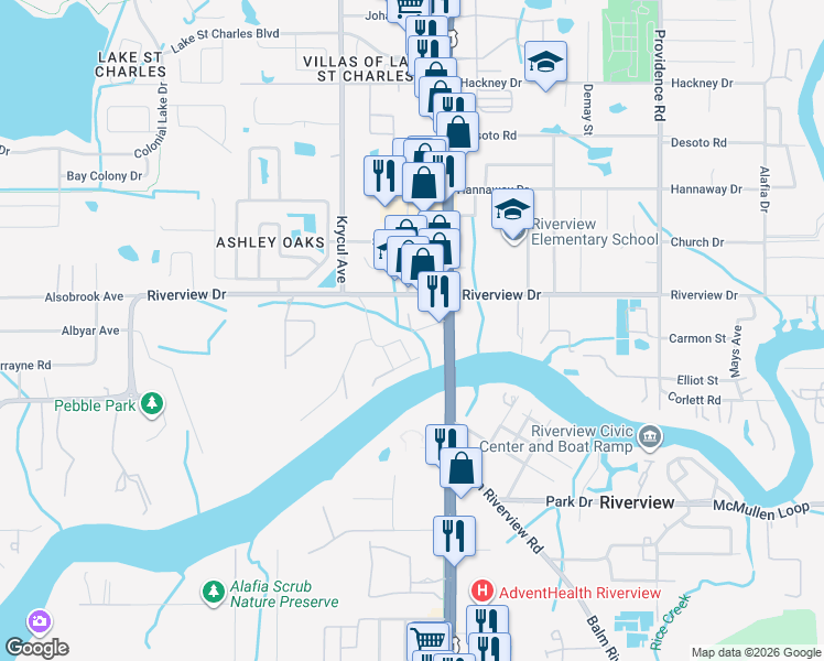 map of restaurants, bars, coffee shops, grocery stores, and more near 10531 Moody Road in Riverview