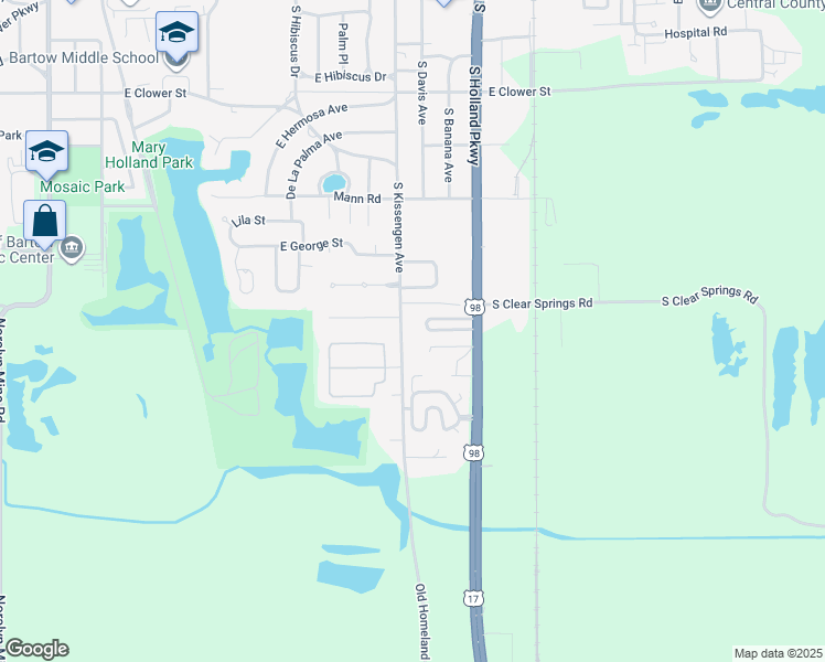 map of restaurants, bars, coffee shops, grocery stores, and more near 2424 Old Homeland Road in Bartow