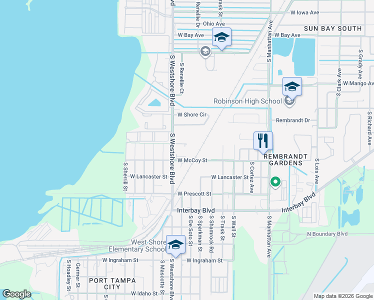 map of restaurants, bars, coffee shops, grocery stores, and more near 6608 South Westshore Boulevard in Tampa