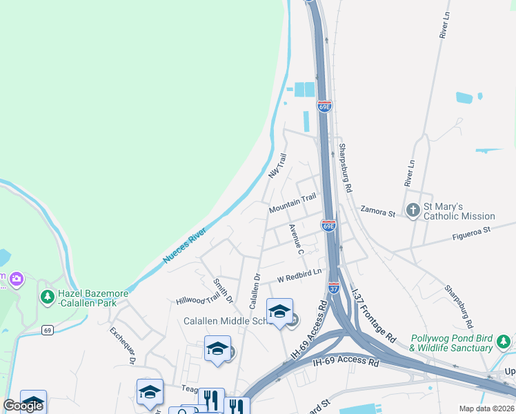 map of restaurants, bars, coffee shops, grocery stores, and more near 13602 Mountain Trail in Corpus Christi