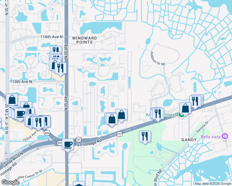 map of restaurants, bars, coffee shops, grocery stores, and more near 10980 Oak Street Northeast in St. Petersburg