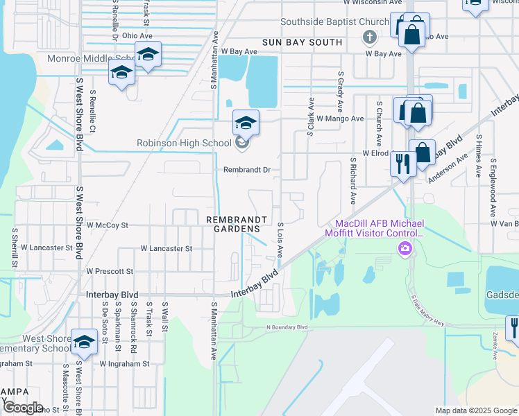 map of restaurants, bars, coffee shops, grocery stores, and more near 6727 South Lois Avenue in Tampa