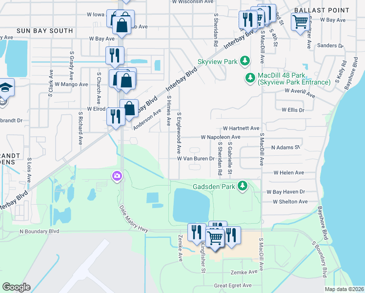 map of restaurants, bars, coffee shops, grocery stores, and more near 6710 South Englewood Avenue in Tampa