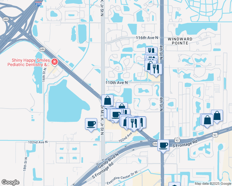 map of restaurants, bars, coffee shops, grocery stores, and more near 865 North Village Drive in St. Petersburg