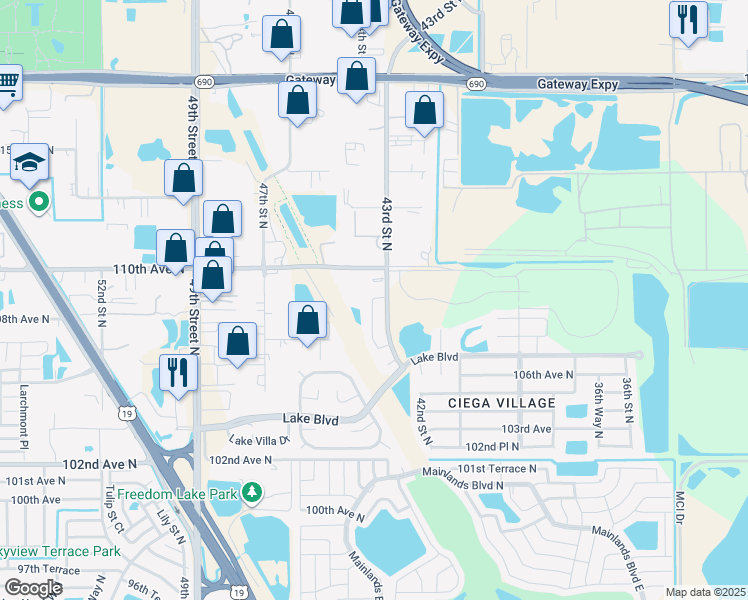 map of restaurants, bars, coffee shops, grocery stores, and more near 10853 43rd Street North in Clearwater