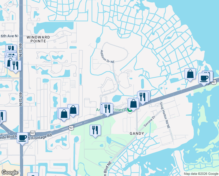 map of restaurants, bars, coffee shops, grocery stores, and more near 10800 Brighton Bay Boulevard Northeast in St. Petersburg