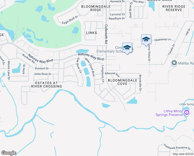 map of restaurants, bars, coffee shops, grocery stores, and more near 4419 River Close Boulevard in Valrico
