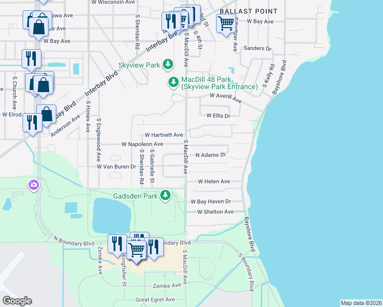 map of restaurants, bars, coffee shops, grocery stores, and more near South MacDill Avenue in Tampa