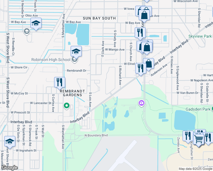 map of restaurants, bars, coffee shops, grocery stores, and more near 7001 Interbay Boulevard in Tampa