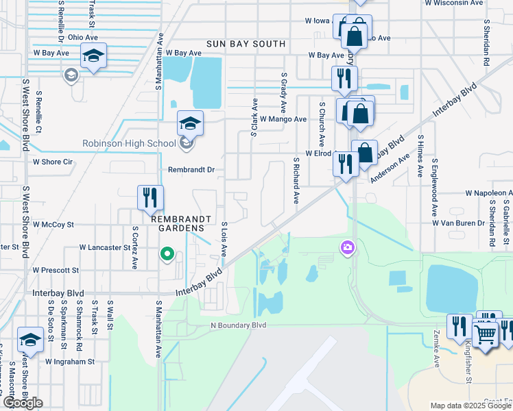 map of restaurants, bars, coffee shops, grocery stores, and more near 7001 Interbay Boulevard in Tampa