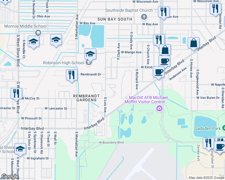map of restaurants, bars, coffee shops, grocery stores, and more near 6720 South Lois Avenue in Tampa