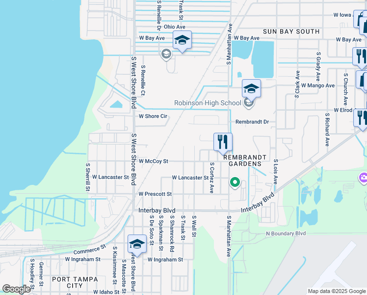 map of restaurants, bars, coffee shops, grocery stores, and more near 6603 South Trask Street in Tampa