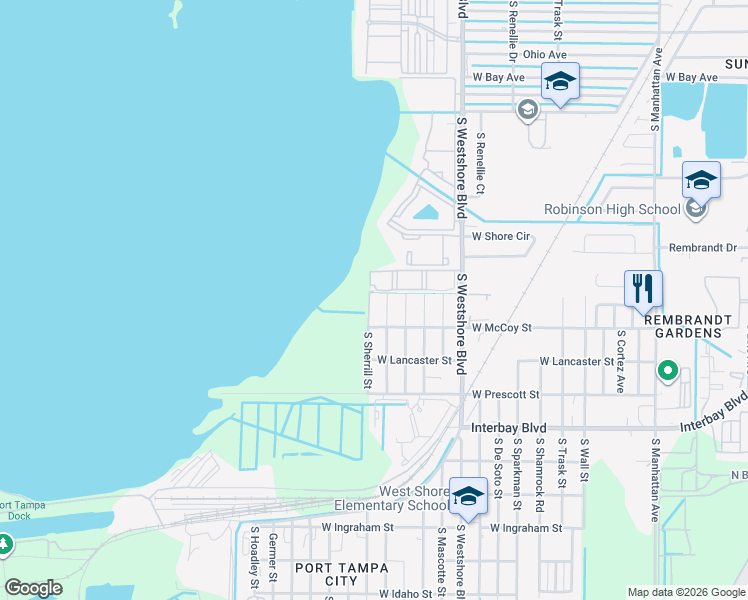 map of restaurants, bars, coffee shops, grocery stores, and more near 8 Shady Pines Drive in Tampa