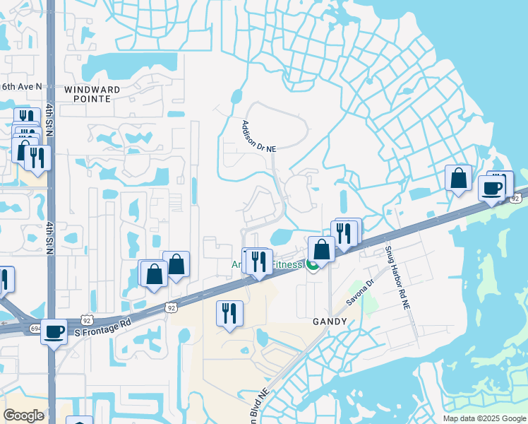 map of restaurants, bars, coffee shops, grocery stores, and more near 10800 Brighton Bay Boulevard Northeast in St. Petersburg