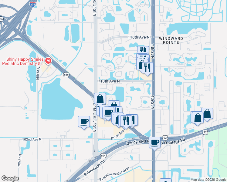 map of restaurants, bars, coffee shops, grocery stores, and more near 750 North Village Drive North in St. Petersburg