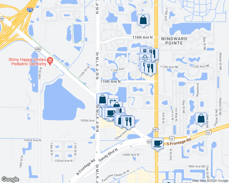 map of restaurants, bars, coffee shops, grocery stores, and more near 750 North Village Drive North in St. Petersburg