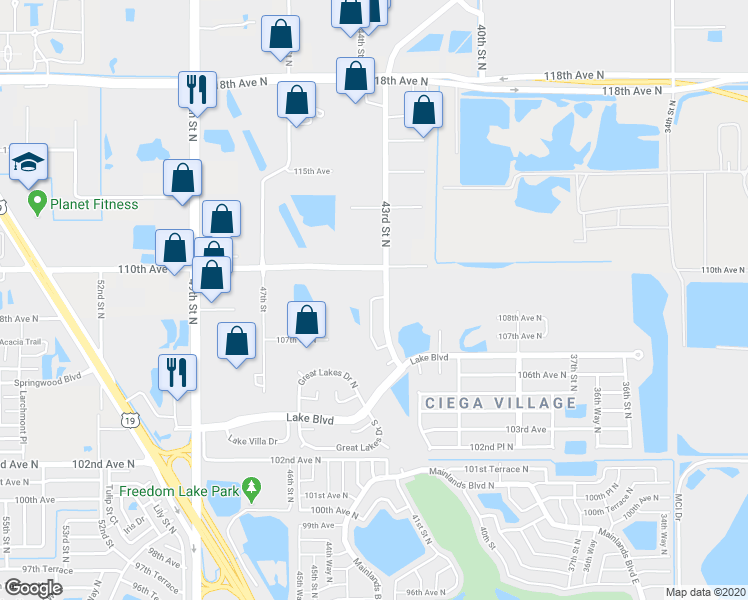 map of restaurants, bars, coffee shops, grocery stores, and more near 10853 43rd Street North in Clearwater
