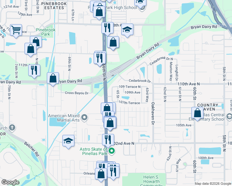 map of restaurants, bars, coffee shops, grocery stores, and more near 6531 109 Terrace North in Pinellas Park